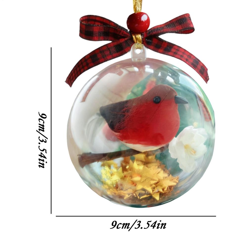 3d transparent bird Christmas ornament crystal ball with realistic hummingbird, red coat sparrow, round Christmas tree pendant