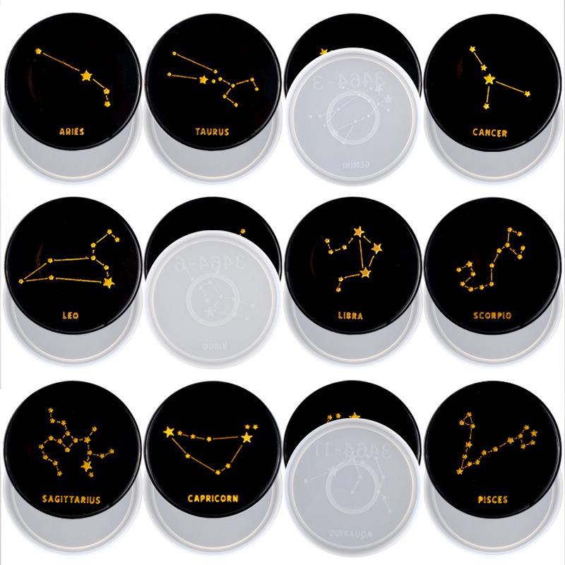 12PCS/Set Constellations Coaster Molds for DIY Epoxy Resin Plaster Cup Pad Mold Handmade Zodiac Table Mat Craft Mould Home Decor