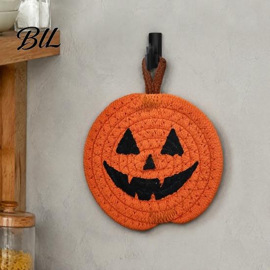 Halloween Kitchen Tableware Pumpkin Cotton Rope Coaster, Handwoven Placemat with Funny Face, Iron Reusable Drink Coasters Craft Table Mat for
