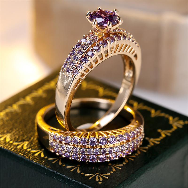 2 Pcs/set Golden Color Round Cut Purple Stone Claw Ring Set Wedding Band Valentine's Day Jewelry