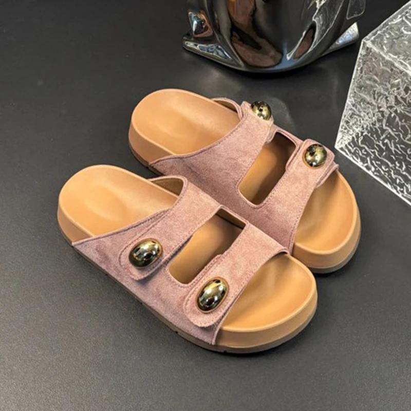 

Fashion Double Buckle Design Med Heel Slippers Women Casual Flock Flat Platform Sandal Female Summer 2025 Outwear Non Slip Slides Mujer 40 розовый