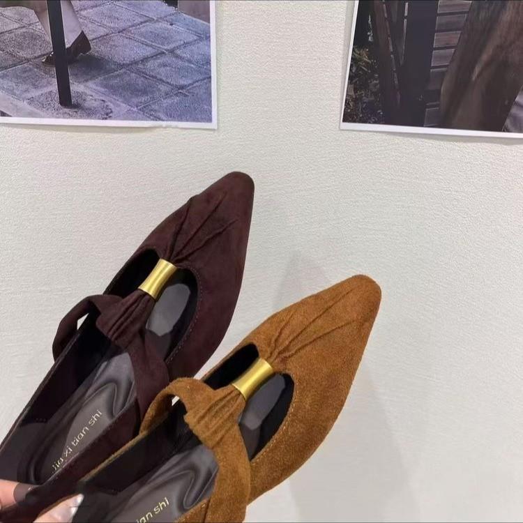 

2025 весна и осень новая французская обувь Мэри Джейн с мелким вырезом и внутренней платформой в стиле ретро женская плоская обувь одинарный ремешок балетки 40 коричневый