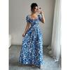 Women's Square Collar Short Sleeve Slim Fit Maxi Dress Floral A-Line Long Dress