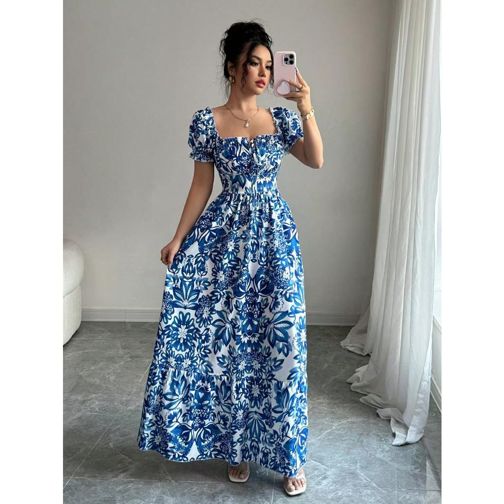 Women's Square Collar Short Sleeve Slim Fit Maxi Dress Floral A-Line Long Dress