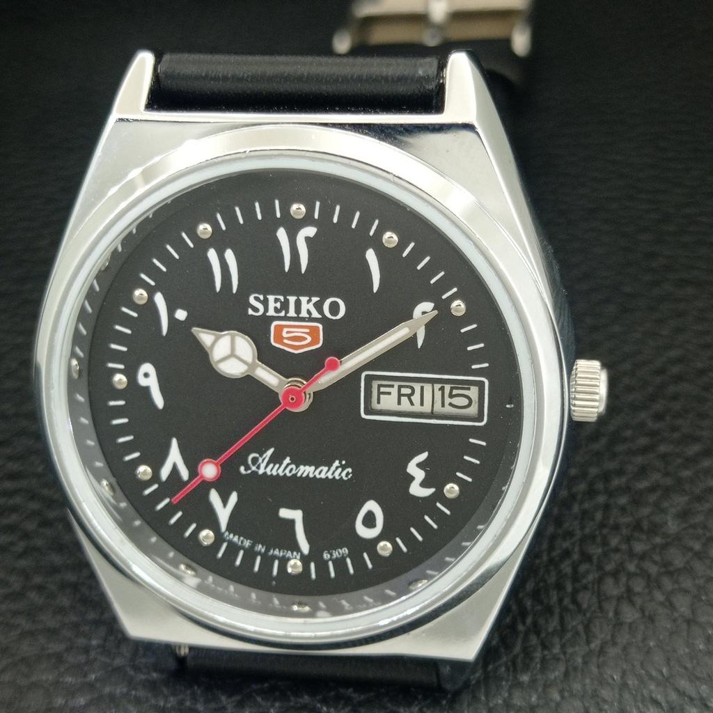 VINTAGE REFURBISHED SEIKO 5 AUTOMATIC 6309A JAPAN MENS BLACK WATCH a442576-1
