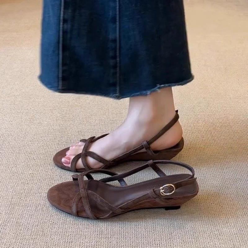 Modne Retro Wycięcie z Tyłu Pasek na Kostkę Otwarty Palec Sandały Damskie Letnia Moda Klin Temperament Okrągły Nosek Rzymskie Damskie Buty