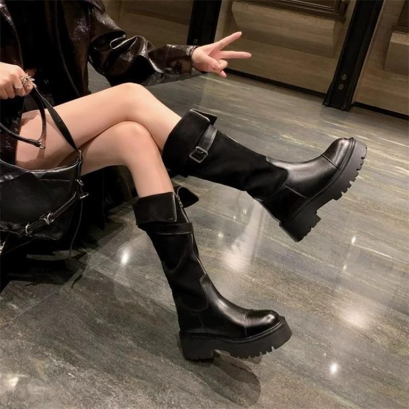Fashion Black Belt Buckle Platform Knee High Shaft Shoes Woman Comfortable and Elegant Footwear New in Demi-season Long Boots for Women