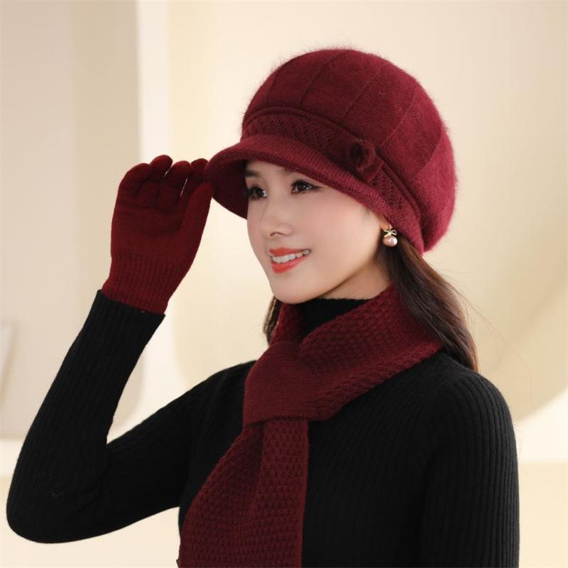Women's winter velvet thickened cold and warm knitted wool hat middle-aged and elderly rabbit hair mother hat scarf gloves