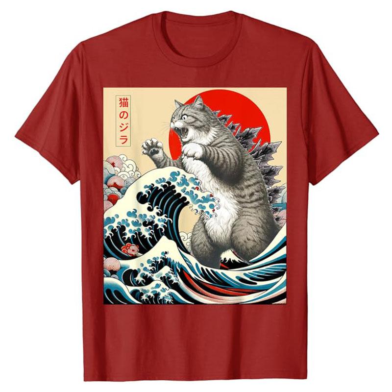 Catzilla Cat Japanese Art Funny Cat Gifts for Men Women Kid T-Shirt Humorous Kitty Graphic Outfits Cute Kitten Lover Saying Tee