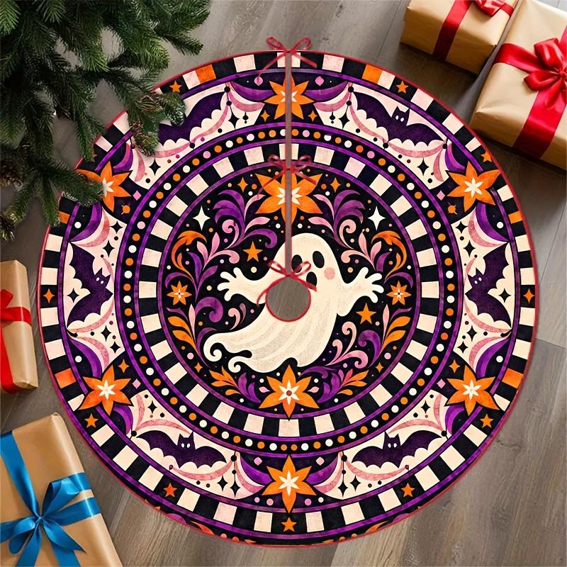 |2Djit1Pc Purple Orange Ghost Star Geometric Mandala Pattern Christmas Tree Skirt, Round Tree Base Decorative, Colorful Party Holiday Decor, Living Ro