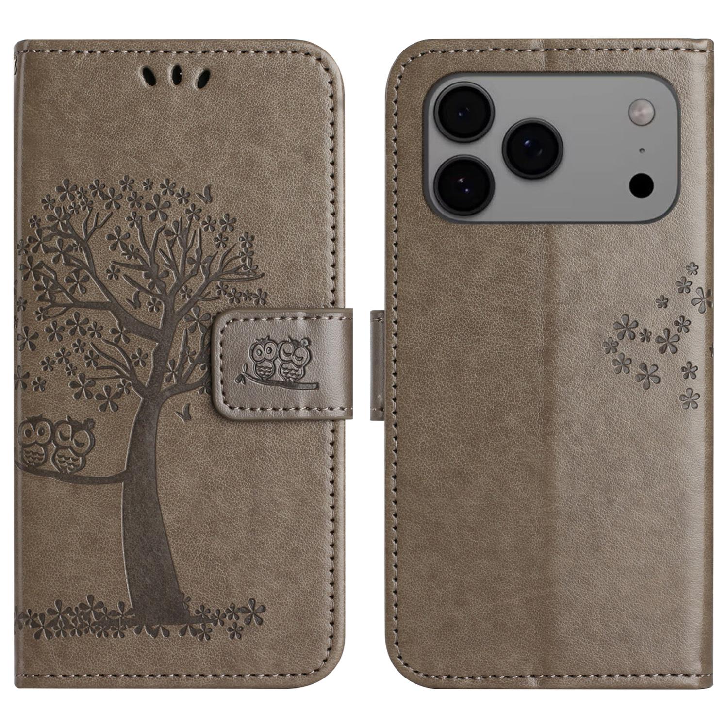 

For iPhone 17 Pro Case PU Leather Owl Tree Imprinted Wallet Phone Cover with Strap