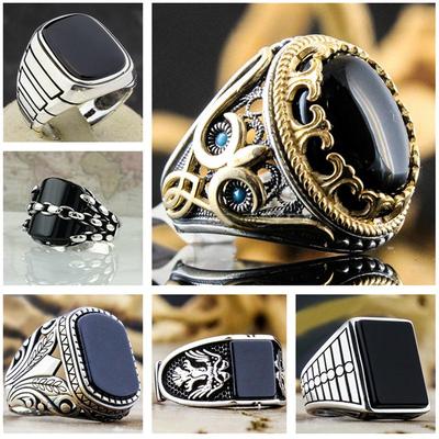Chenrui European & American Retro Black Zircon Ring for Men