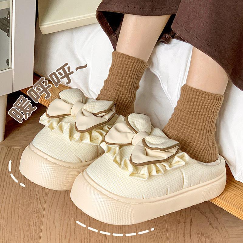 

Winter new cotton slippers grid girly sweet bow fleece warm platform slippers for outdoor wear at home 40-41 перлина білого кольору