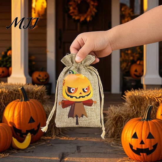 Pumpkin Theme Party Supplies 2PCS Halloween Drawstring Treat Bags, Cartoon Faux Linen Trick or Gift Pouches Sacks, Kids Candy Storage for Favors Cute