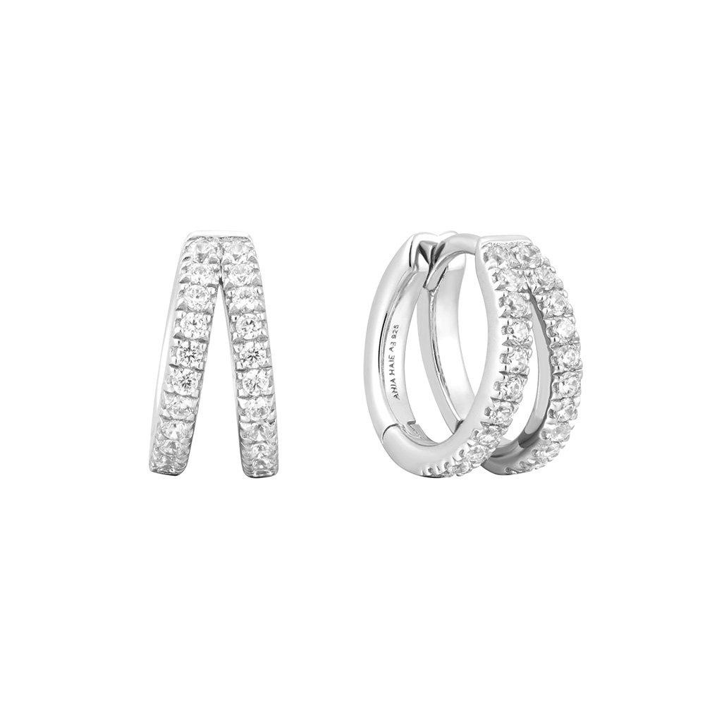 Double Pave 925 Silver Hoop Ring Earrings E059-16H