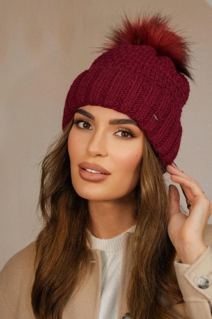 Women' Winter Hat Burgundy Kamea-Furja With Eco Pompom