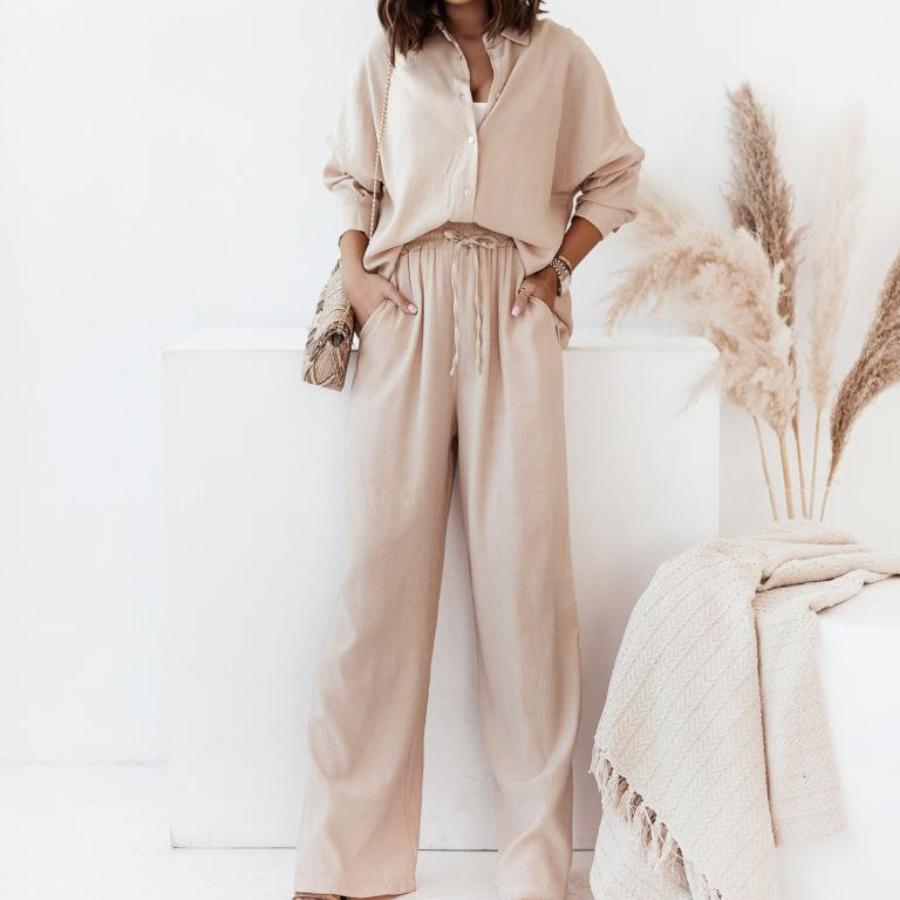 

Жіноча вільна сорочка з довгими рукавами + широкі штани повсякденний костюм осінь/зима XXXL абрикосовий