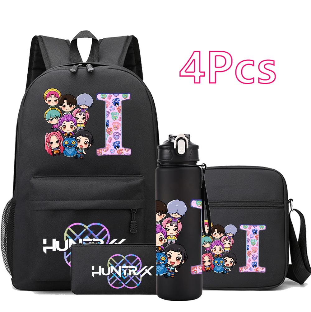 4 st/set 26 engelska bokstäver Kpop-tryckt ryggsäck Stor kapacitet Bokväska Axelväska Fodralväska med 750 ml vattenflaska Pojke Flicka Skolväska Barnpresent