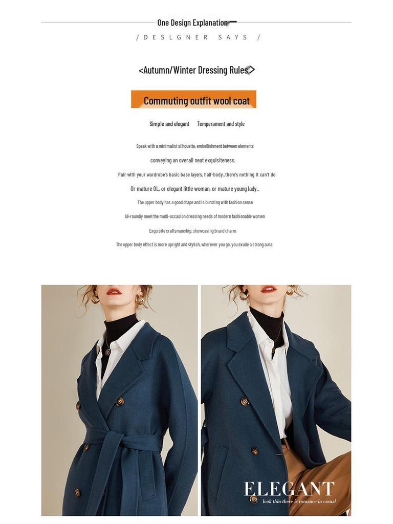 Women's Extra Long Double-Breasted Wool Coat with Tie Waist - Autumn/Winter Collection