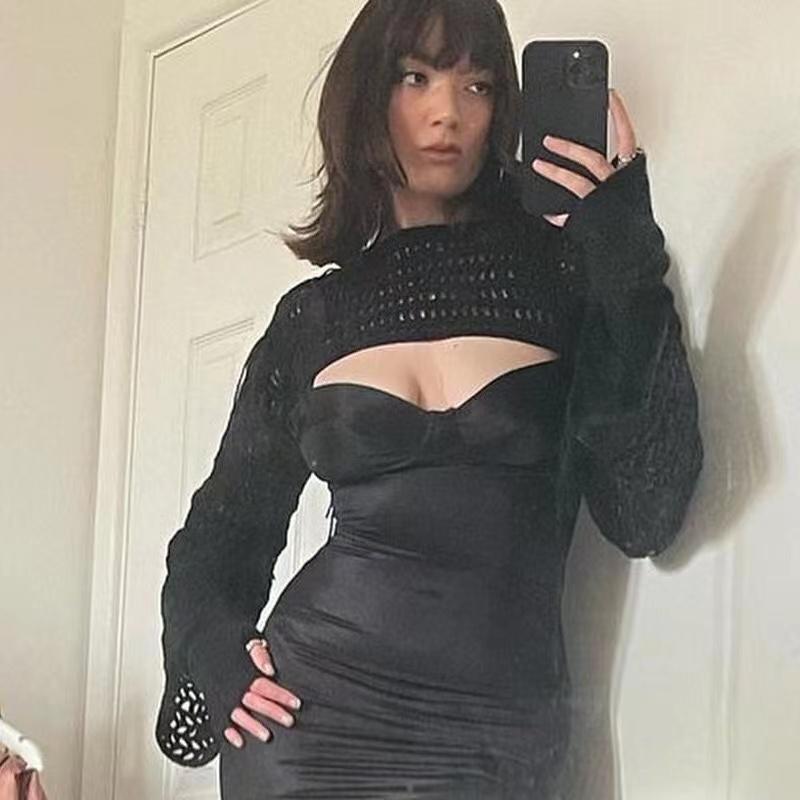 Women Y2k Crochet Knit Hollow Out Crop Top Long Flared Sleeve Shrug Sweater Mesh Cover Ups Cardigan Streetwear Pullover Women