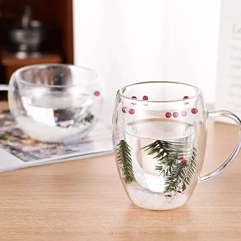 350ml Doppelwandige Glasbecher Tasse mit Trockenblumenfüllung mit Henkeln Küchenzubehör WLL2148