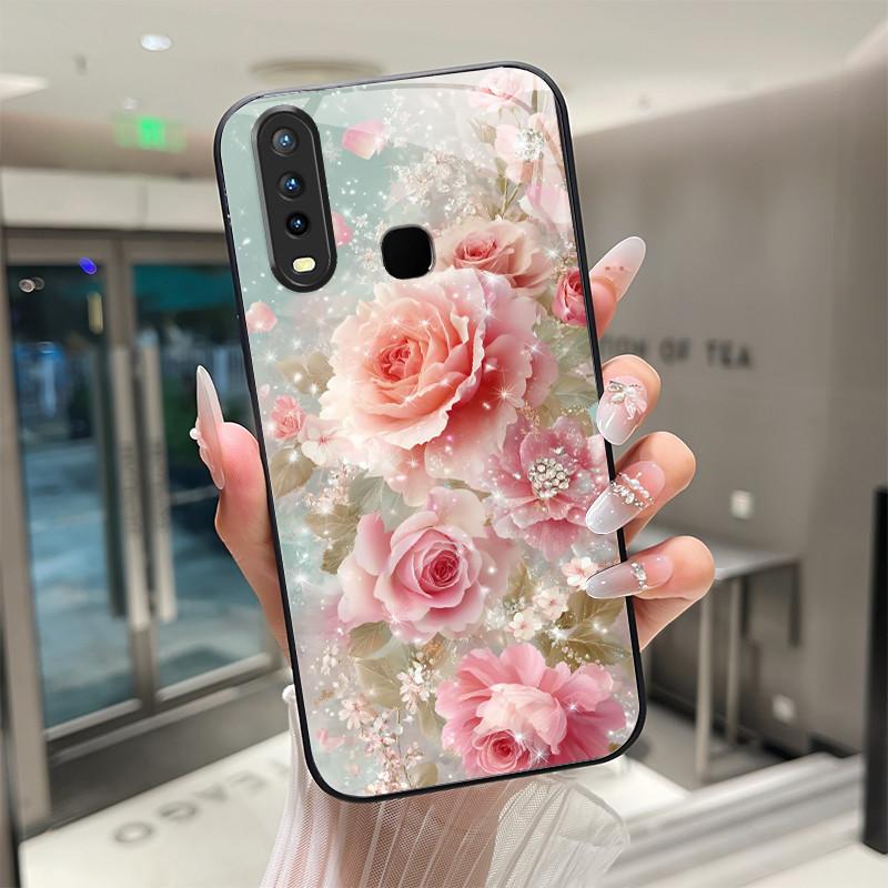 Beautiful Flower Cute Cats Case For Vivo Y11 2019 1906 Y12 Y17 Y15 Y19 Tempered Glass Phone Case Protective Cover Hard Shell