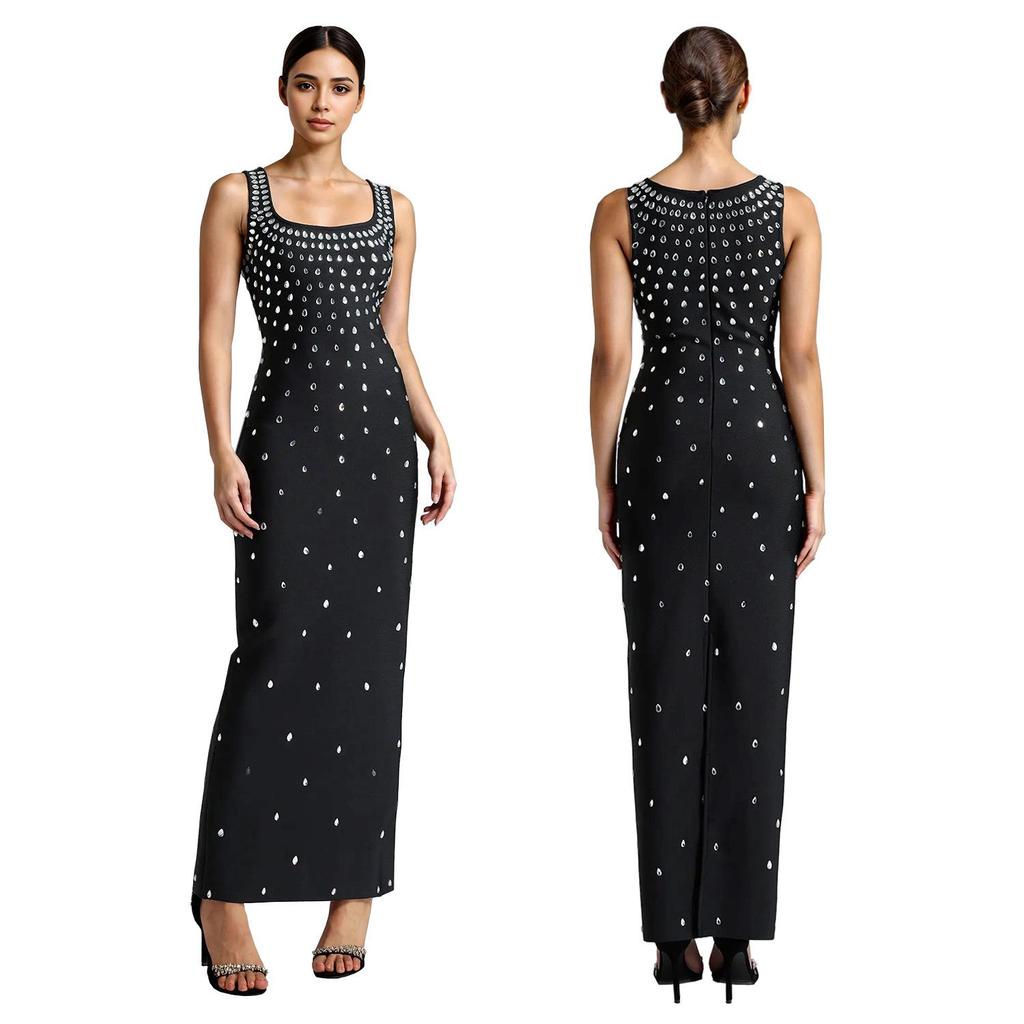 C7117 Fashion Women's Sleeveless U-neck Bodycon Dress with Hot Drilling, European and American Style.