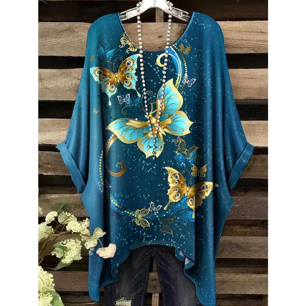 Stor T-shirt för kvinnor med fjärilstryck Sommar Bekväm Lös Rundhals Kortärmad Topp Y2k Mode Street Vintage Kläder