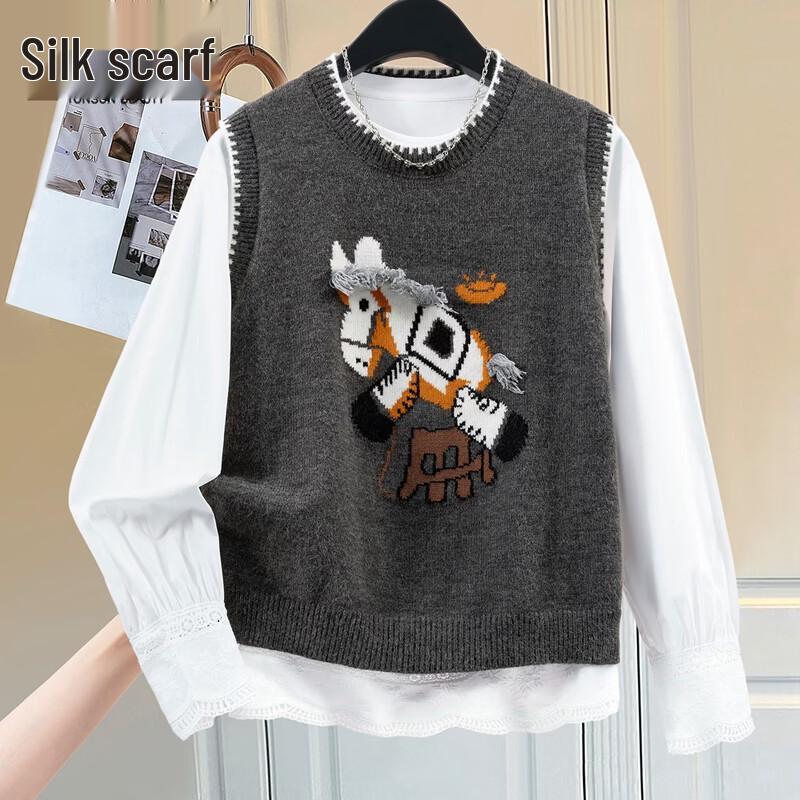 Sylpsher Women s Round Neck Horse Pattern Pullover Vest S