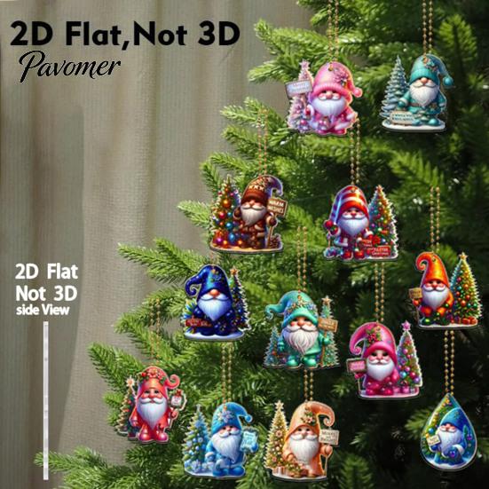 Festive Home Holiday Supplies 12Pcs Christmas Gnome Hanging Ornaments, 2D Flat Colorful Pendants, Acrylic Xmas Tree Indoor Party Wall Decorations with
