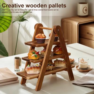 2Pcs Wooden Serving Platter 3 Tier Serving Tray Multi-Function Rectangular Serving Stand Cupcake Tiered Tray for Wedding Party
