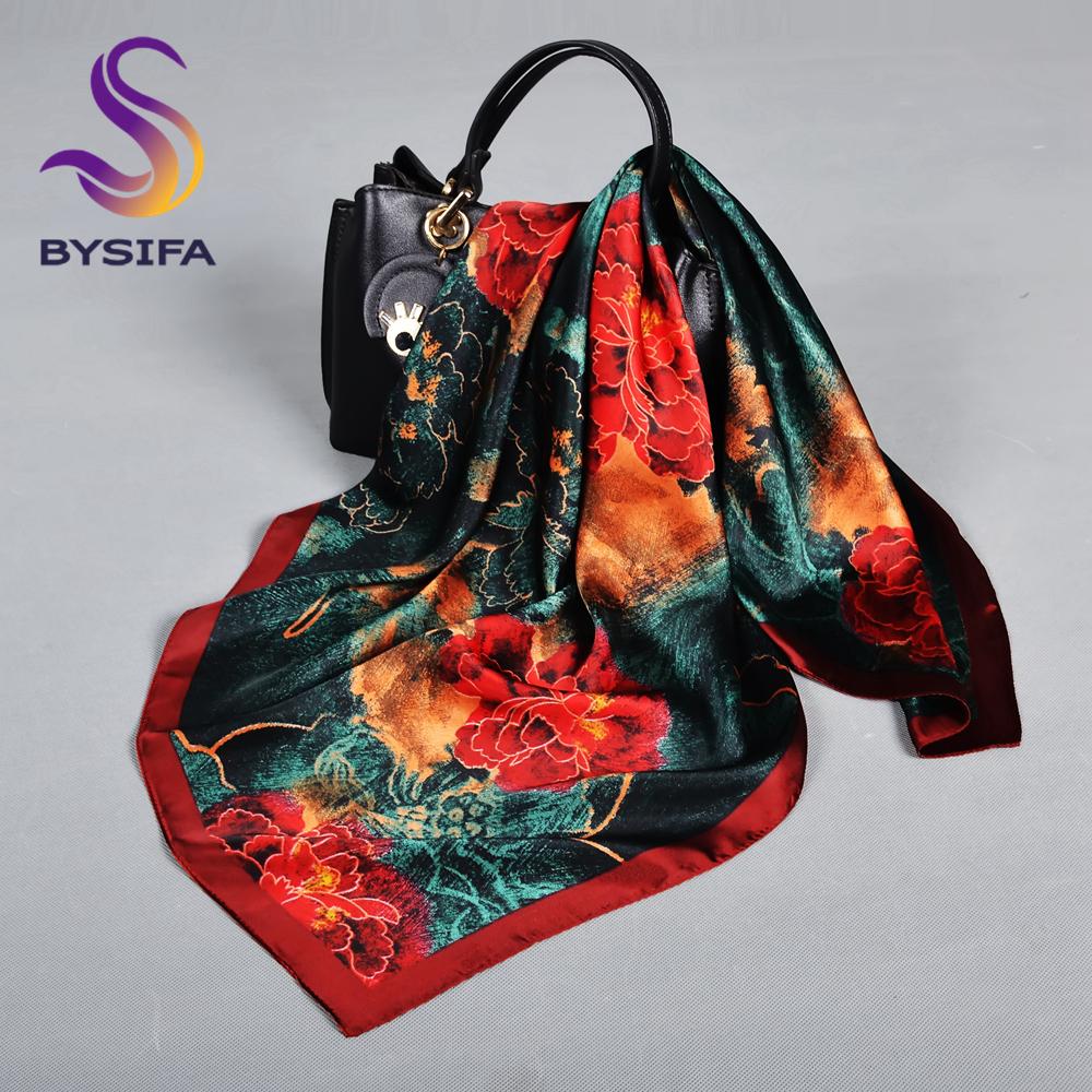 

BYSIFA|Blue Green Silk Scarf Hijab Fashion Floral Printed Square Scarves Foulard Winter Women Headscarves Accessories 70*70cm 70cm-70cm