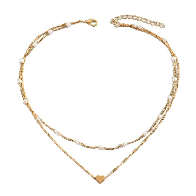 Vintage Multi Layered Pearl Heart Pendant Clavicle Necklace For Women