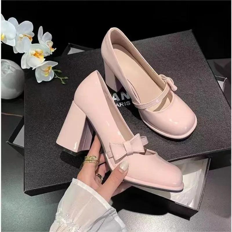 Fashion 2025Sweet Bow High Heels Slip on  Jane Shoes Women's Cute Round Shape Toe Cap Party Shoes for Women Patent Leather Pumps Tacones