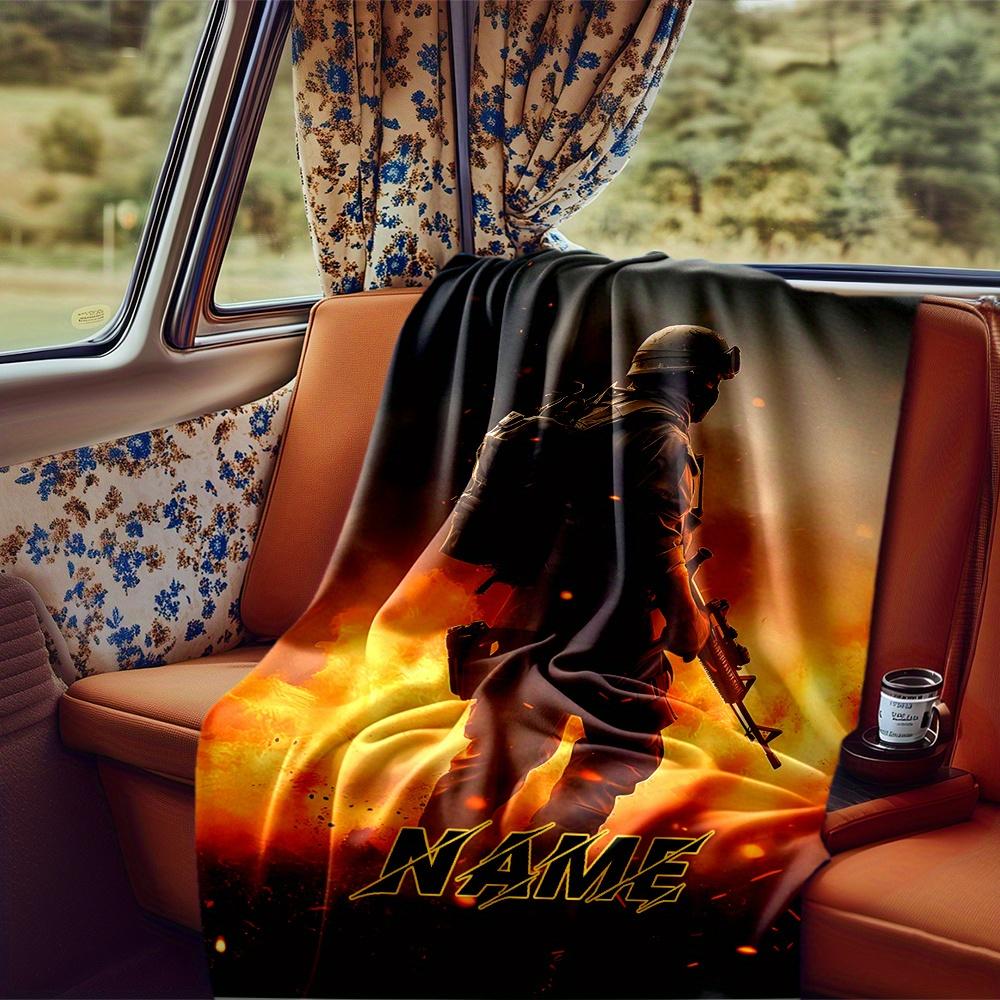 Soldier With Backpack And Gun In Flames Blanket Personalized Name Soft Comfortable Stylish Blanket Car Blanket Perfect For Travel Camping Outdoor Home