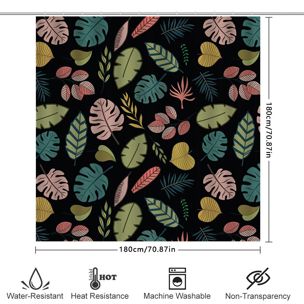 Summer Leaves Shower Curtain Bath Decor Greenery Print For Bathroom Waterproof Fabric Black Background With Multi-Color Leaf Des