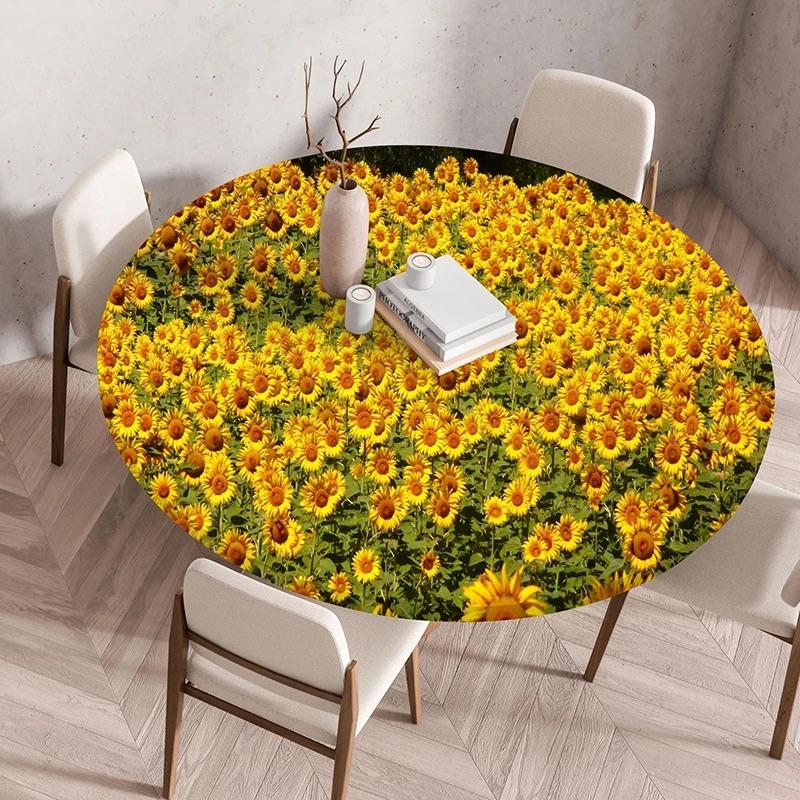 

60/90/120cm Sunflower Printed Tablecloth With Elastic Edged Waterproof Coffee Table Protector Cover Kitchen Picnic Home Decor 60cm
