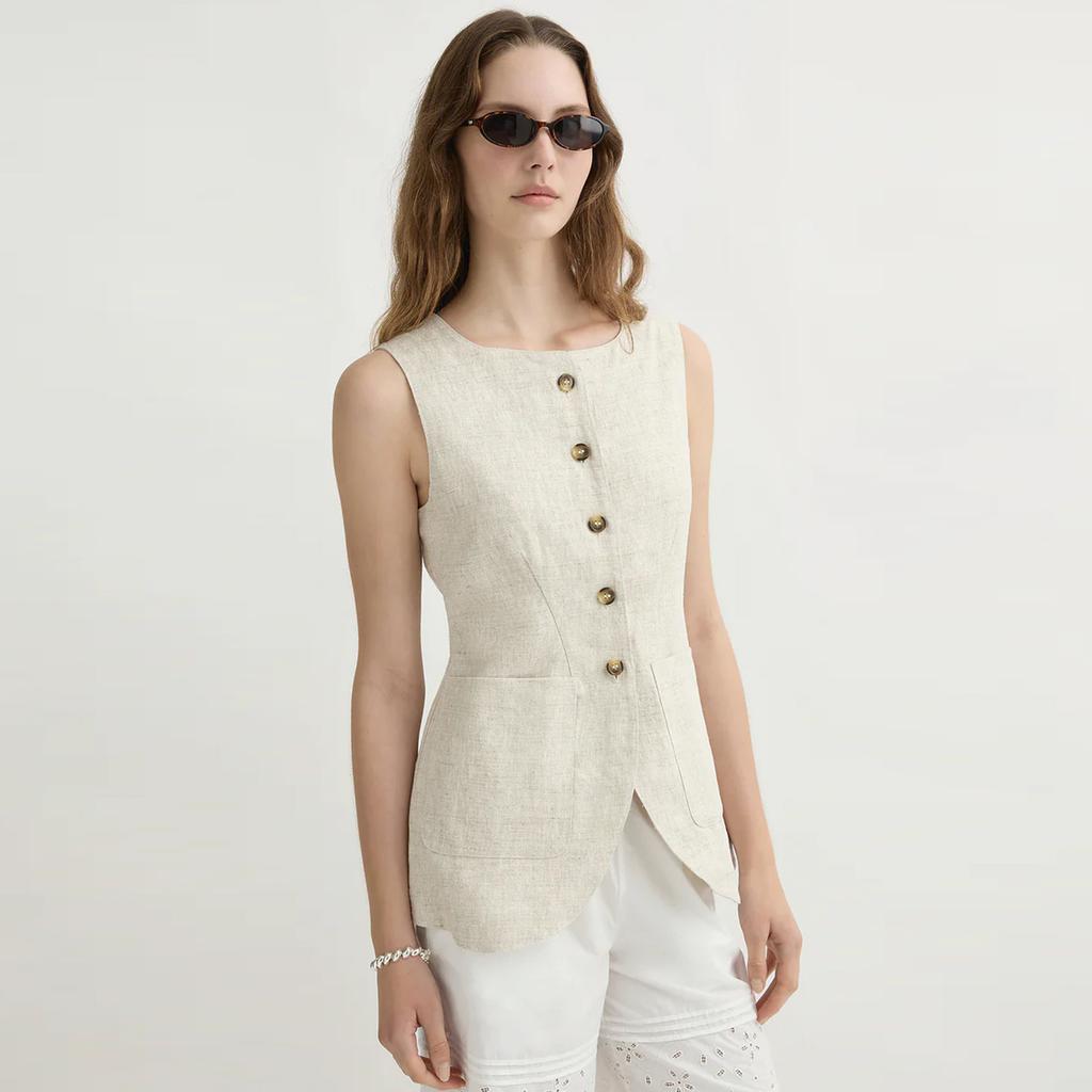 French old money style linen vest commuter waist vest sleeveless top women's summer square collar linen single-breasted vest