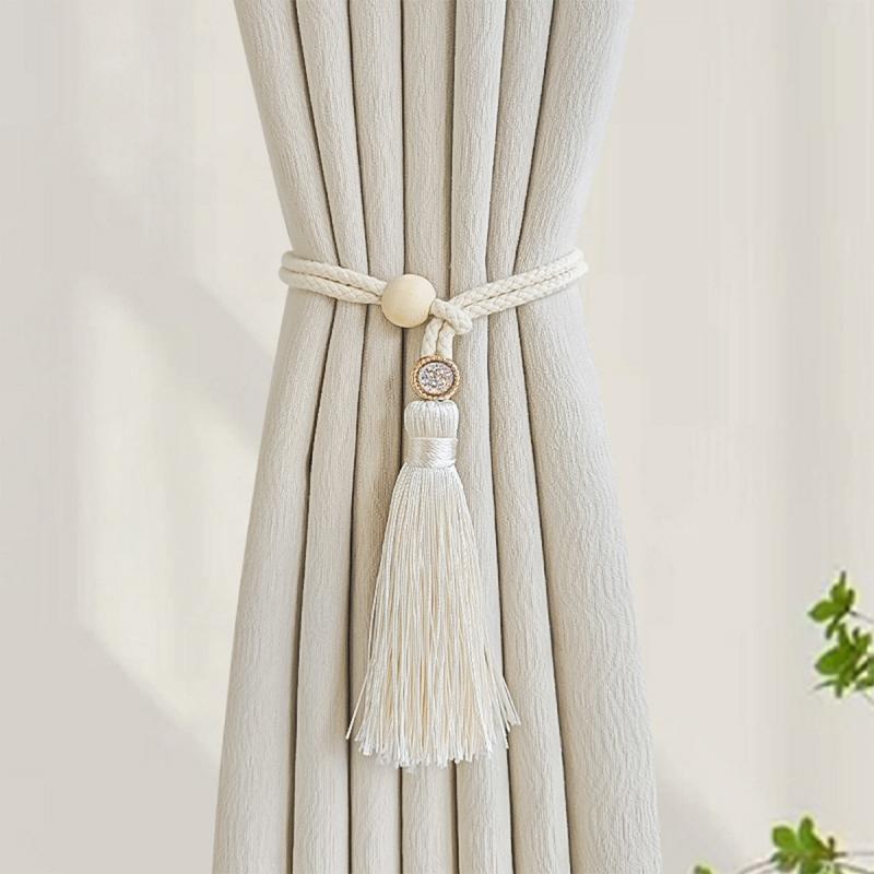 

Хлопковая веревка Деревянные бусины Подхваты для штор Без сверления Регулируемые оконные подвязки Минималистичные аксессуары для домашнего декора Style 2 бежевый