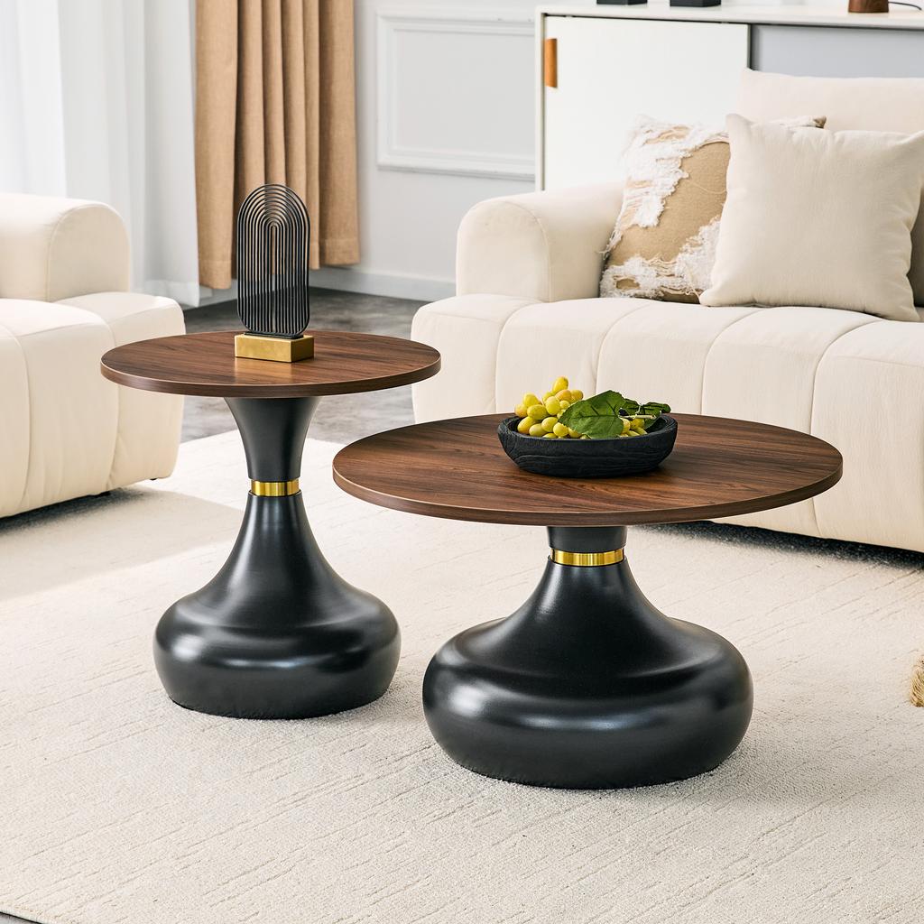 2-Piece Set Round Table Tops, Walnut Wood Look, diameter 70 cm Dining Table Top + diameter 50 cm Side Table Top, Table Top Only