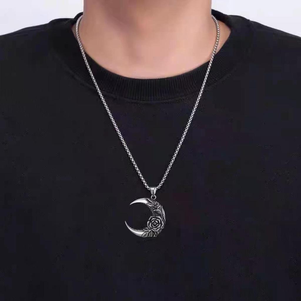 Retro Style Moon and Rose Pendant Unisex Necklace