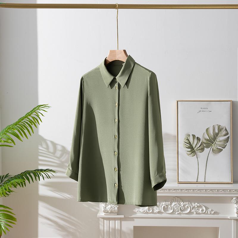 Women's Elegant Silk Commuting Shirt, Solid Color, Three-Quarter Sleeves, Mulberry Silk Top