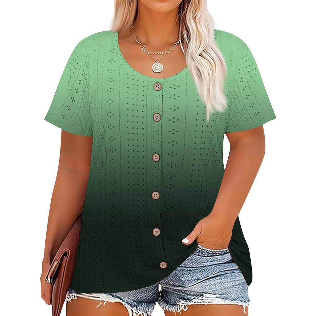 Plus Size Women's Fashion Casual Vintage Printed O-Neck Short Sleeve Button T-Shirt Top