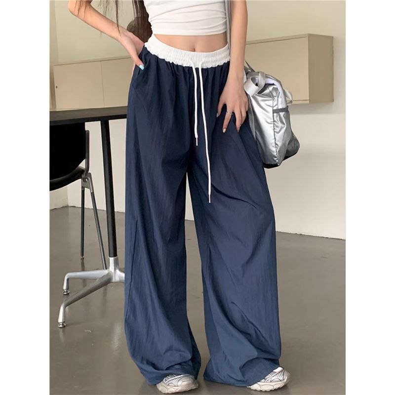 

Американские брюки широкого кроя женские летние тонкие контрастные с высокой талией повседневные спортивные свободного кроя S темно-синий