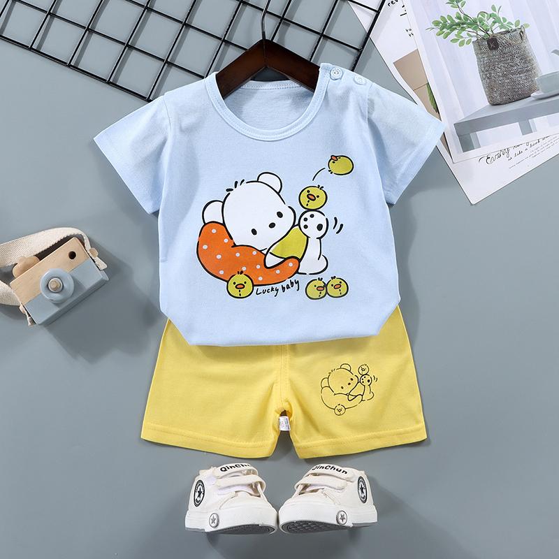 Set de pantaloni de tricou cu mânecă scurtă pentru copii de vară, cu mânecă scurtă, 2 bucăți, largi, din bumbac, ținută de desene animate