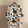 Camicia alla moda e casual da donna a maniche corte con scollo rotondo e stampa, blusa top in cotone e lino