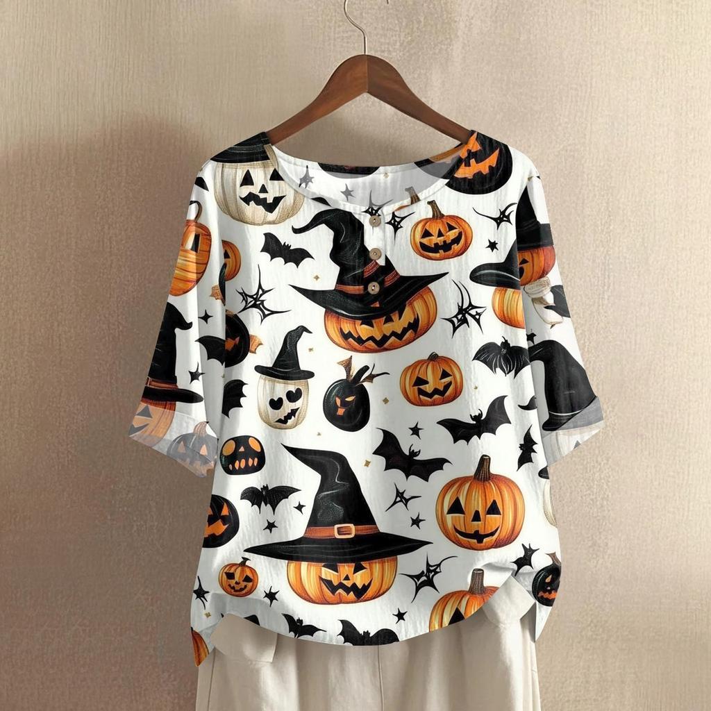 Camicia alla moda e casual da donna a maniche corte con scollo rotondo e stampa, blusa top in cotone e lino