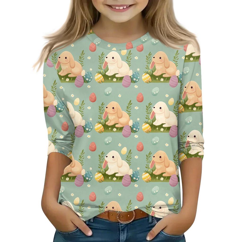 Children's 3/4 Sleeve Tops Casual Print T Shirt Round Neck Pullover Blouse