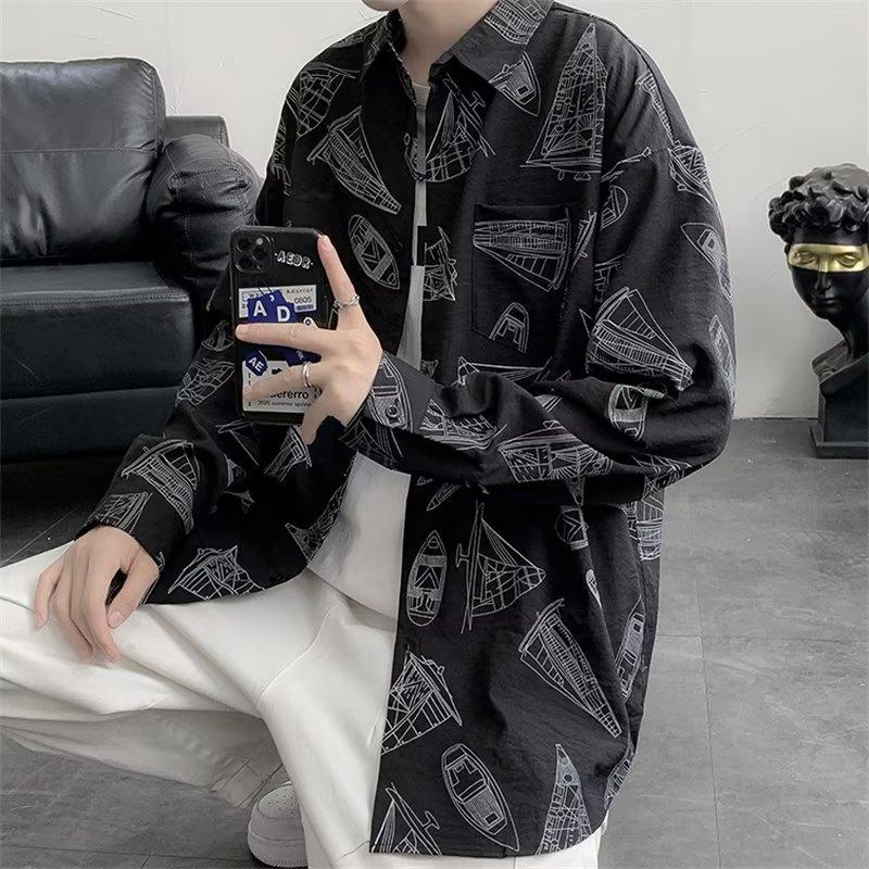 Spring and Autumn Graffiti Long-Sleeved Shirt Men's Printed Ins Fashion Brand Hong Kong Style Japanese Style Students All-Match Fashion Couple's Tops