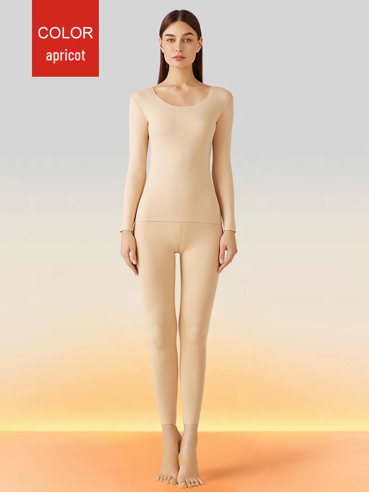 Women's Seamless Brushed Thermal Underwear Set - Round Neck Slim Fit for Autumn and Winter